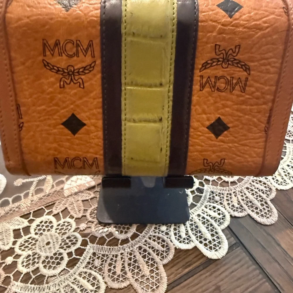 MCM Cognac Leather Wallet with Olive and Black Center Stripe - Picture 4 of 14